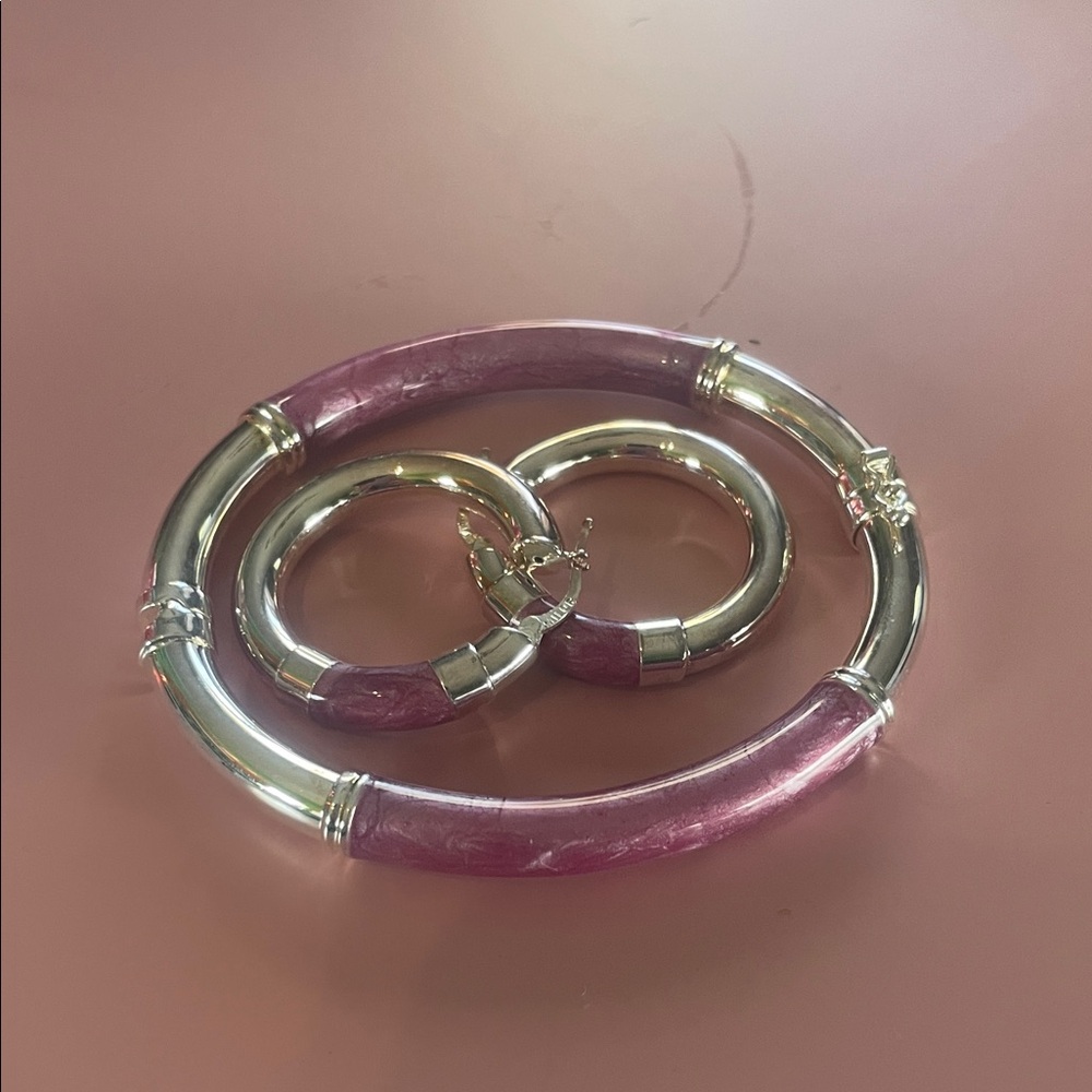 Sterling Silver and Pink enamel Bangle Set.